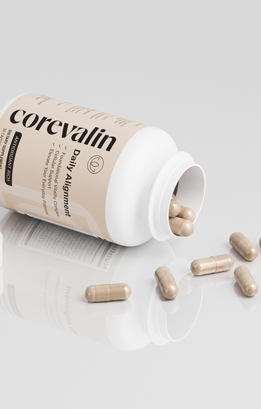 Corevalin bottle and capsules in a clean studio setting